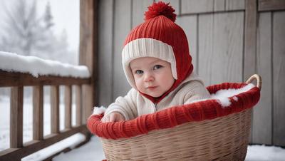 The primary subject of the image is a baby wearing a red hat and sitting in a woven basket. The setting is a snowy environment, with the baby surrounded by snow. The visual style is a photo, capturing the baby's adorable and cozy appearance. The colors and mood of the image are predominantly white and cold, with the red hat adding a pop of color to the scene.
